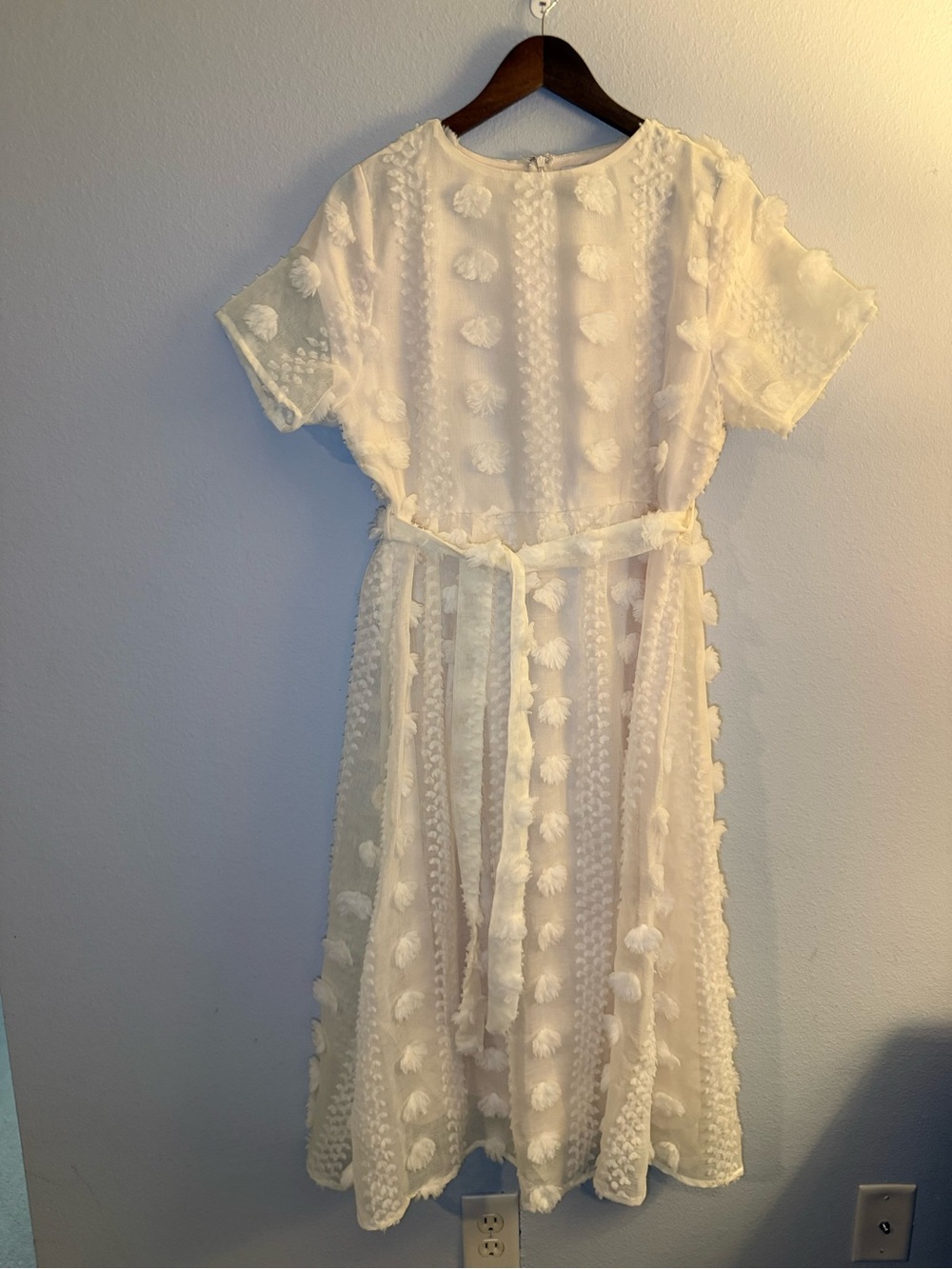 Baltic Born White Pom-Pom Textured Midi Dress with Waist Tie